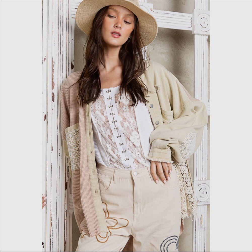 POL Cream Embroidered Crochet Lace Button Down Shacket - Picture 4 of 6